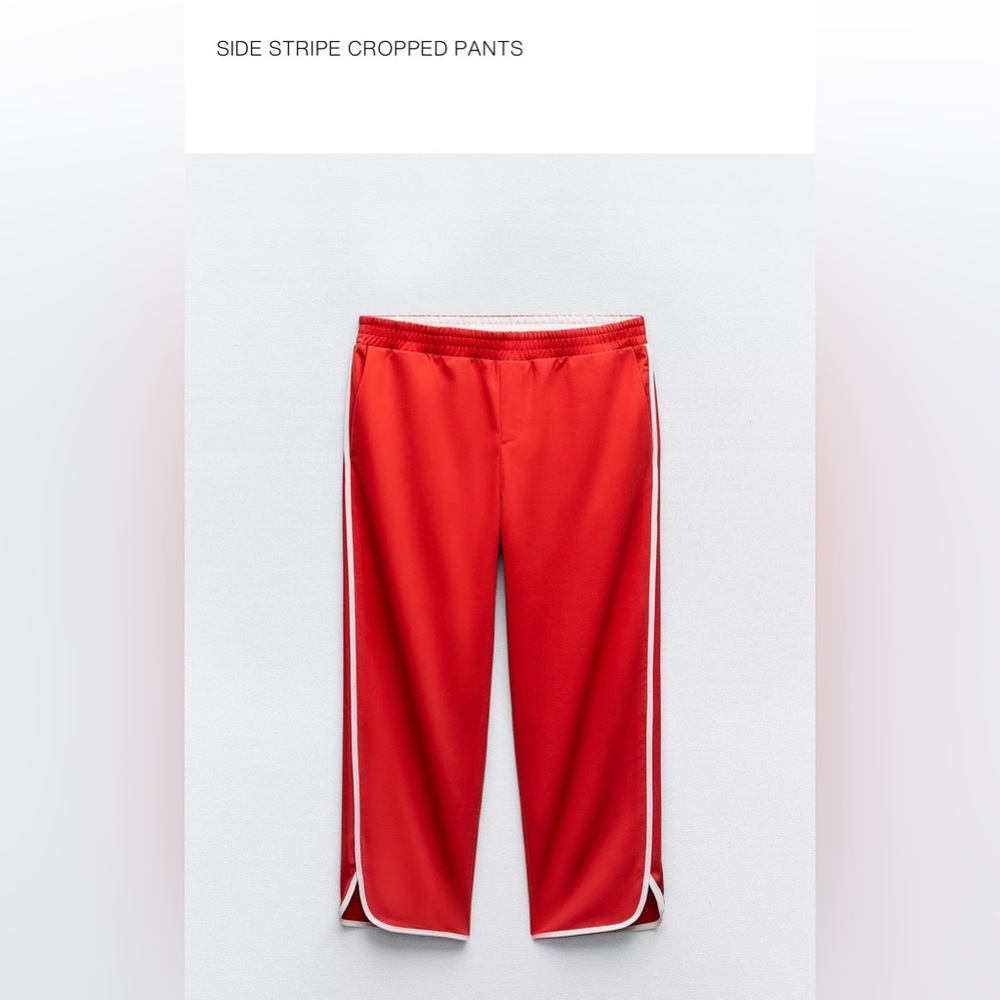 Zara Women’s Red Side-Stripe Cropped Pants with White Trim